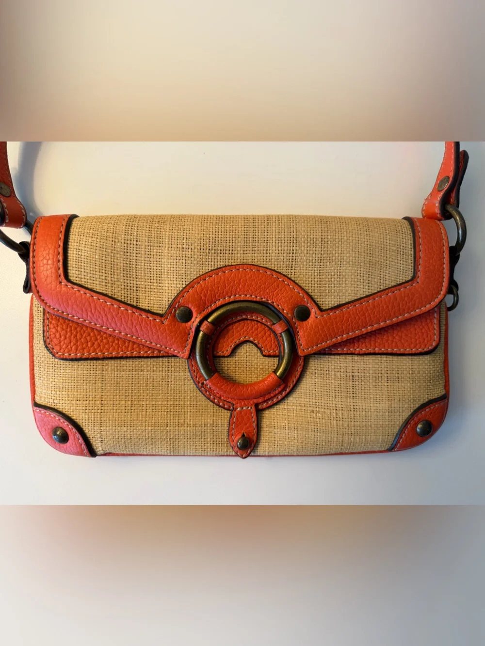 J Crew Woven Straw Shoulder Bag with Orange Leather Trim